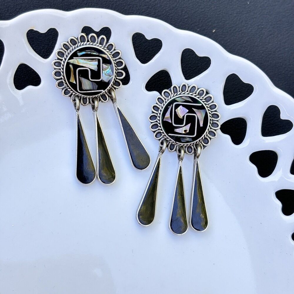 Vintage sterling 925 Taxco handmade Earrings with abalone inlay and fringe